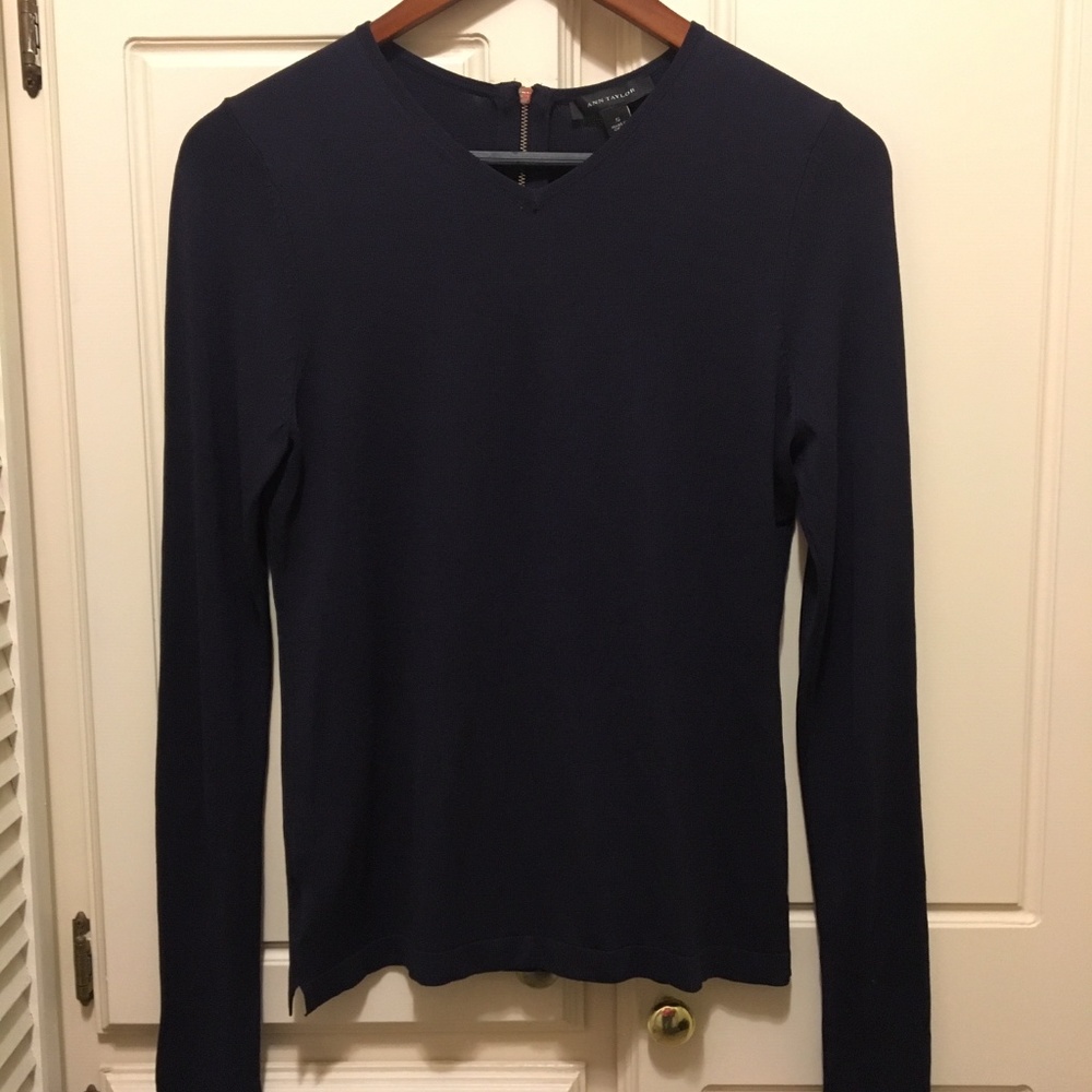 Ann Taylor V-neck Back Zip Sweater - Navy Blue